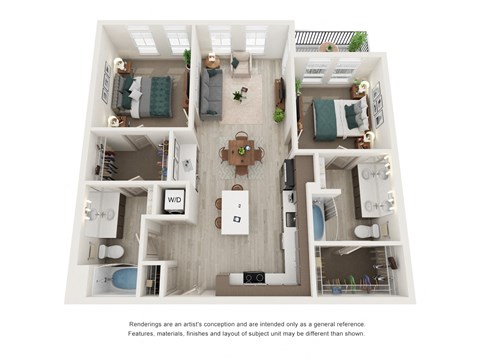 Floor plan for 2 beds, 2 baths, 1045 sqft
